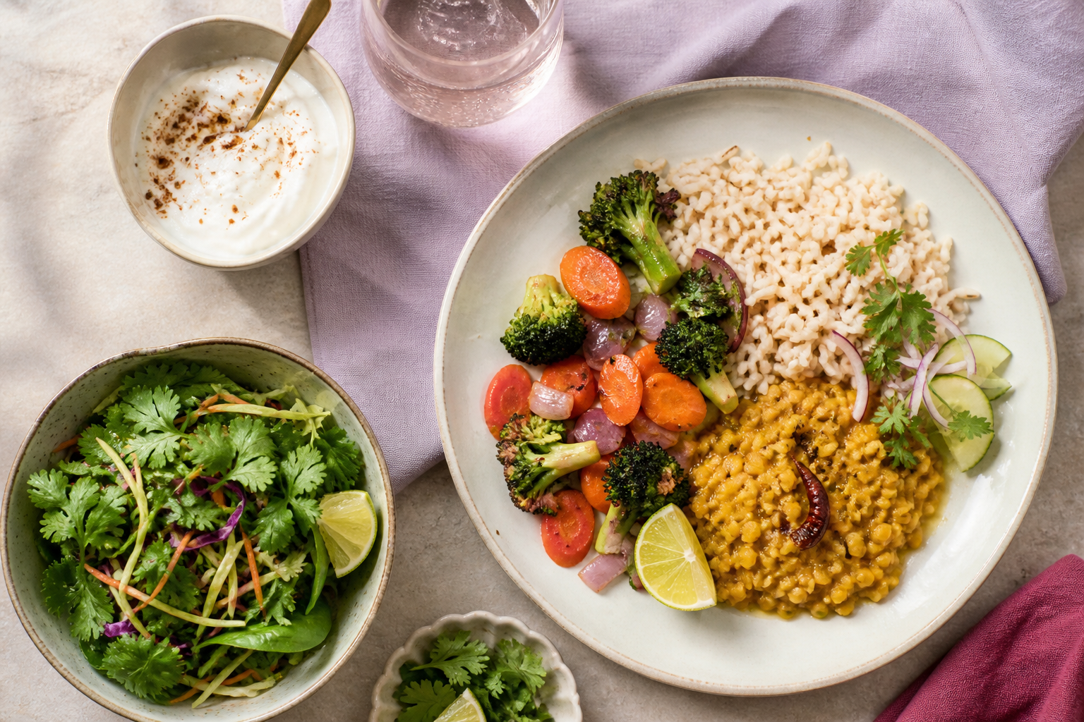 A colourful balanced meal with grains, dal, vegetables and curd
